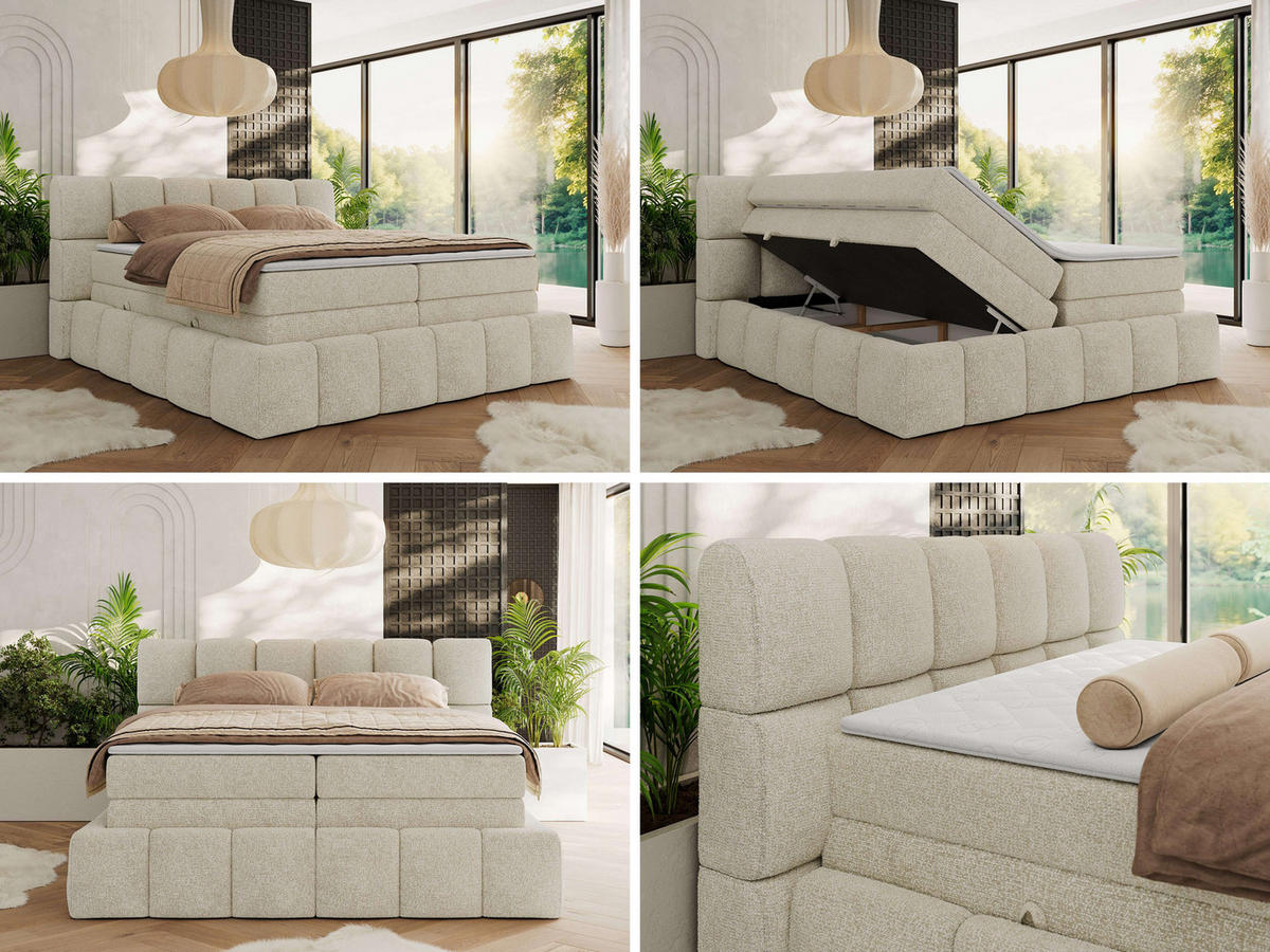 BOXSPRINGBETT NIRA KING 200/200 Creme Strukture - H4 - Creme, Holz/Textil (200/200cm) - MKS