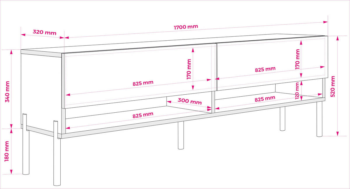 TV-LOWBOARD 170 cm Mattweiß / Hochglanzweiß, gerade schwarze Beine, 170 × 32 × 52 cm - Weiß, Holzwerkstoff (170/52/32cm) - 3XE LIVING