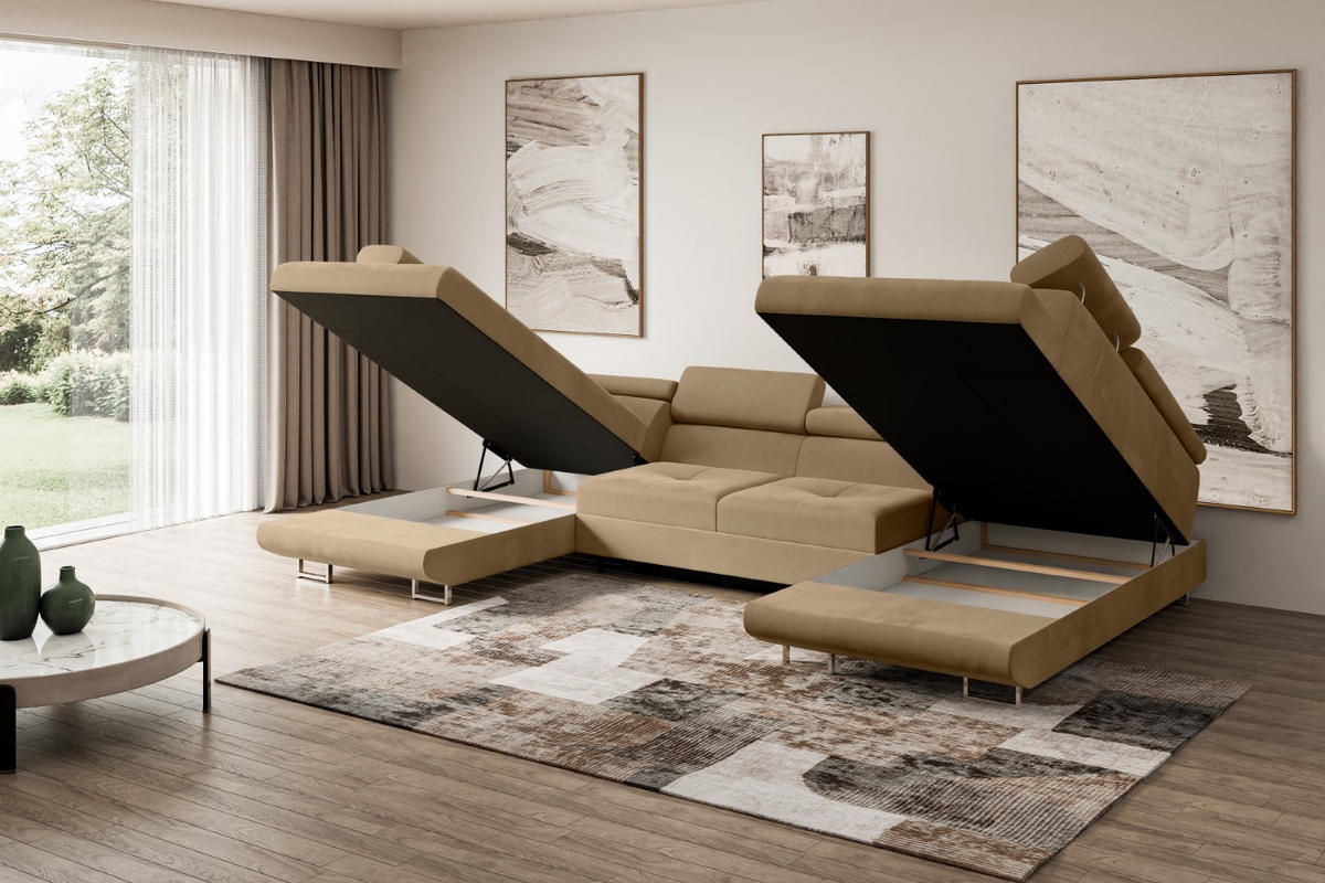 WOHNLANDSCHAFT mit Schlaffunktion und Bettkasten GUSA-U 342x202x107 cm Beige Velours - Beige/Silberfarben, Holzwerkstoff/Textil (342/107/202cm) - ALTDECOR