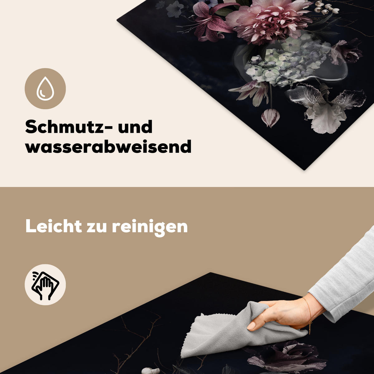 HERDABDECKPLATTE Blumen - Vintage - Pastell - Rosa - Weiß 77x59 cm - Altrosa, Kunststoff (77/0.2/59cm) - MuchoWow