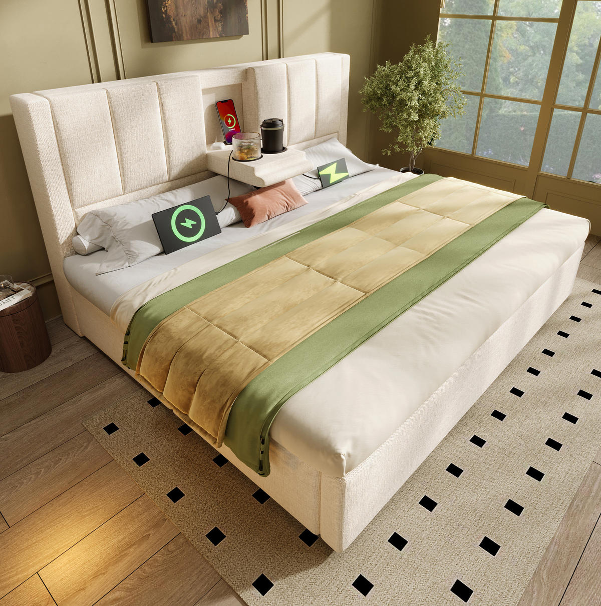 ČALOUNĚNÁ postel 160/200 cm béžová ze lnu s matrací, úložným prostorem a USB nabíjením - béžová, textil (160/200cm) - OKWISH