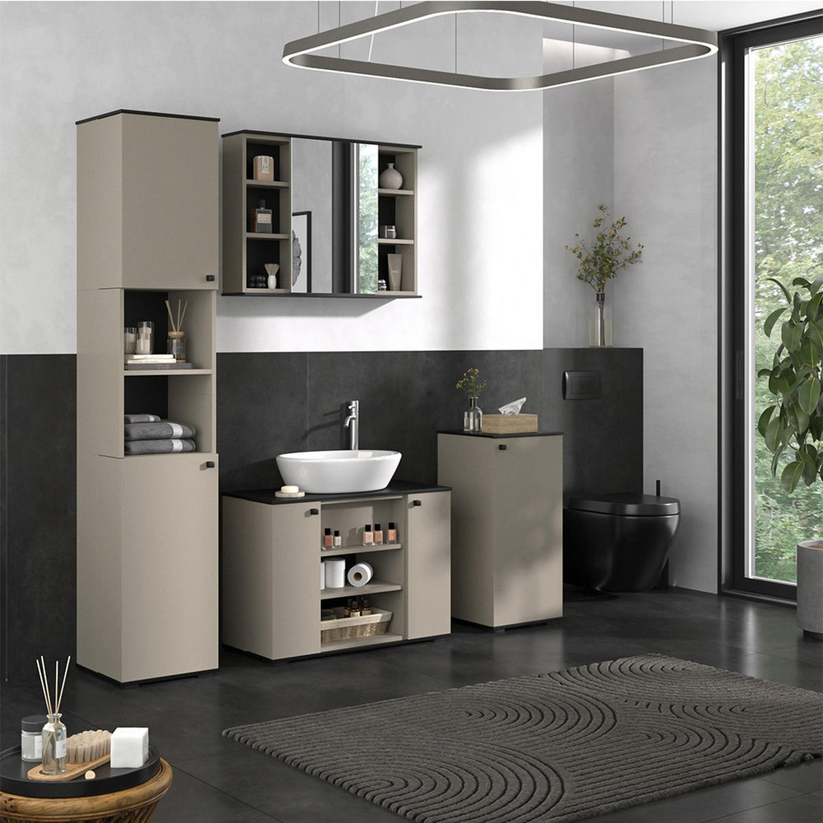 BADMÖBEL-SET Joli Greige 4 Teile, mit Hochschrank und Midischrank - Greige/Schwarz, Holzwerkstoff (80/59/37cm) - Vicco