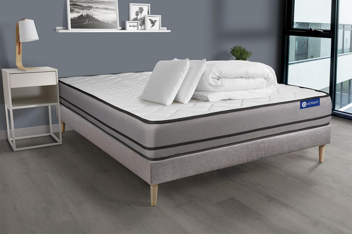 BETT Actiflex night Taschenfederkern 140 x 200 cm h4 - Kit Bettgestell Grau - Mit Kissen und Bettdecke - Beige/Grau, Holz/Textil (140/200cm) - ACTISOM