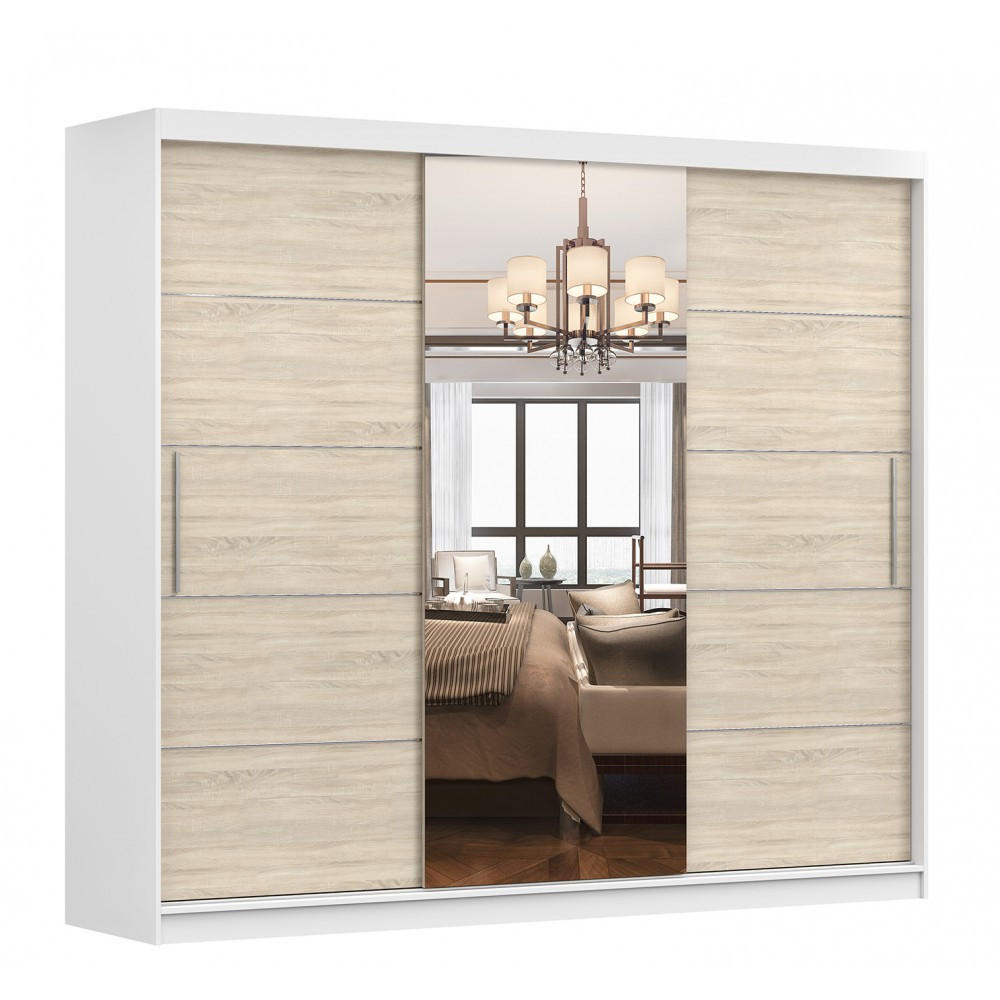 SCHWEBETÜRENSCHRANK Alba Weiß/Sonoma Eiche + Spiegel und LED-Beleuchtung 250 cm - Alufarben/Weiß, Glas/Holzwerkstoff (250/218/61cm) - imoebel24