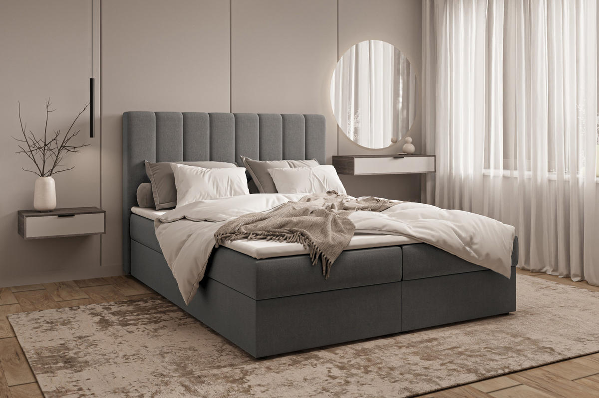 BOXBETT 01 140 x 200 cm - Manila – Stilvoll und bequem Mit Bettkasten, PU-Topper, Federmechanismus, waschbarer Bezug - Graphitfarben, Holz (140/200cm) - ROYAL24_MARKT