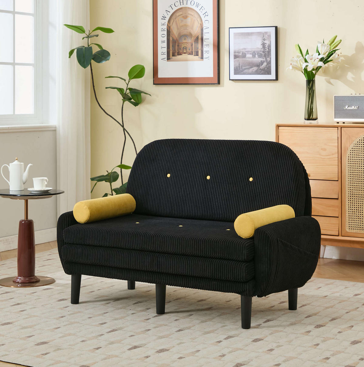 SOFA mit verstellbarer Rückenlehne Cord Schwarz inklusive 2 Kissen - Schwarz, Kunststoff (77/85/133.5cm) - Meubliv