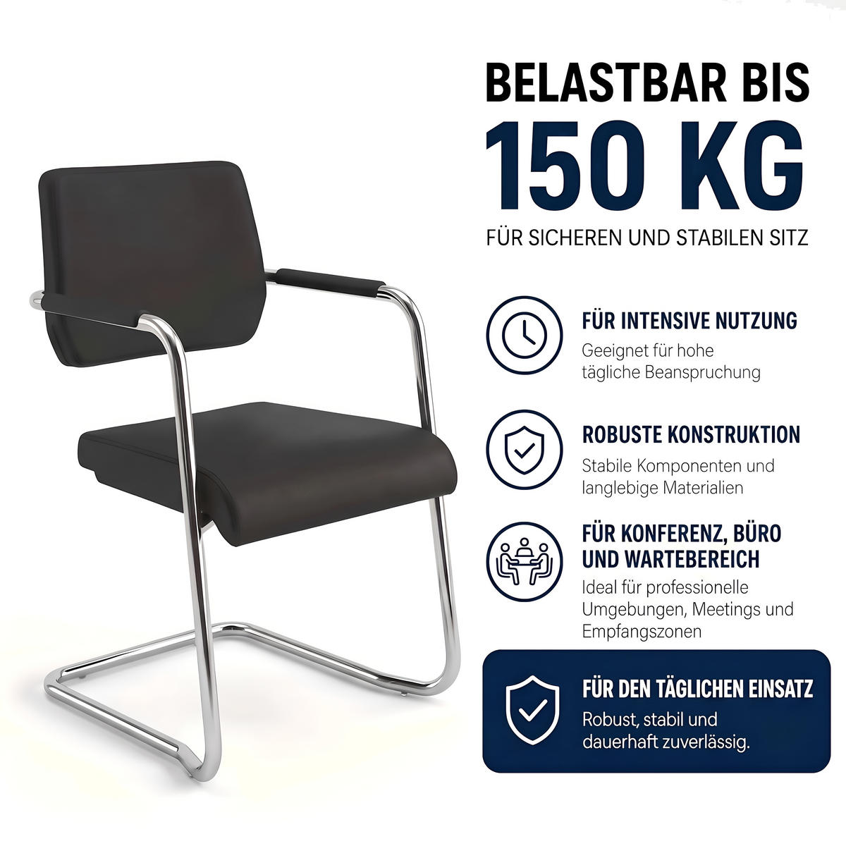 BESUCHERSTUHL V1207 Echtleder Schwarz - ergonomisch, 150 kg belastbar - Schwarz, Leder/Kunststoff (55/86/55cm) - Versee