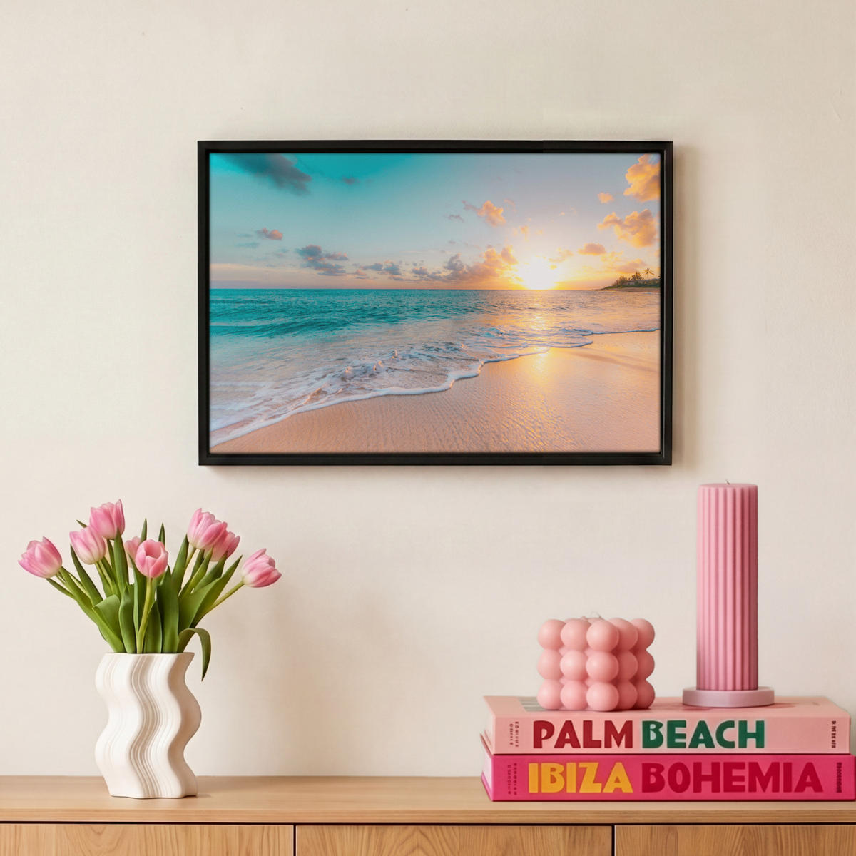 LEINWAND Bilder mit Rahmen - Sonnenuntergang - Strand - Meer - Sommer - Blau - 30x20 - Multicolor, Textil (30/20cm) - MuchoWow