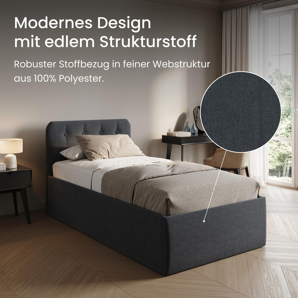 POLSTERBETT mit verstellbarem Lattenrost & Bettkasten, 100 x 200 cm in Anthrazit - Anthrazit, Holzwerkstoff (100/200cm) - Home Collective