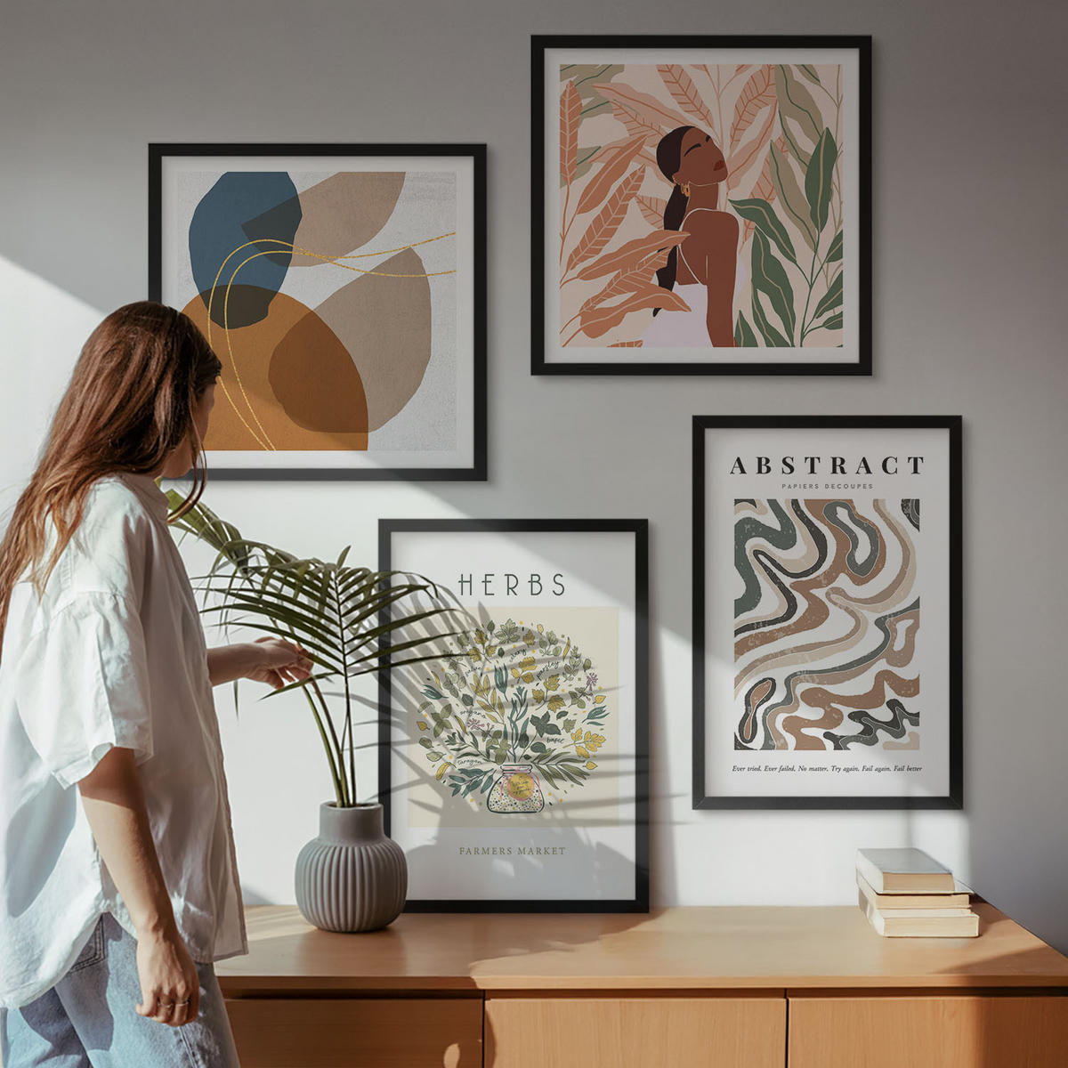 BILDER SET 4er Set - 50x50 cm & 40x60 cm Schwarzer Rahmen - Boho-Ästhetik, Pastellposter - Schwarz, Kunststoff (50/50cm) - TULUP