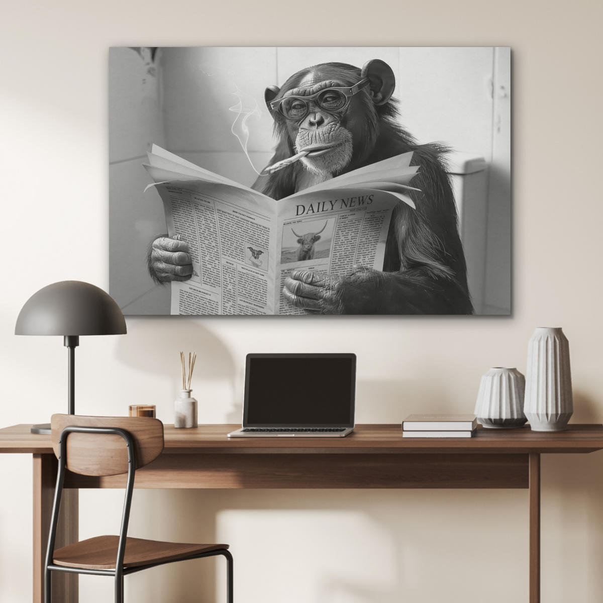 AKUSTIKPANEEL Affe - WC - Zeitung - Schwarz-Weiß - Humor 100x70 cm - Hellgrau, Textil (100/0.9/70cm) - MuchoWow