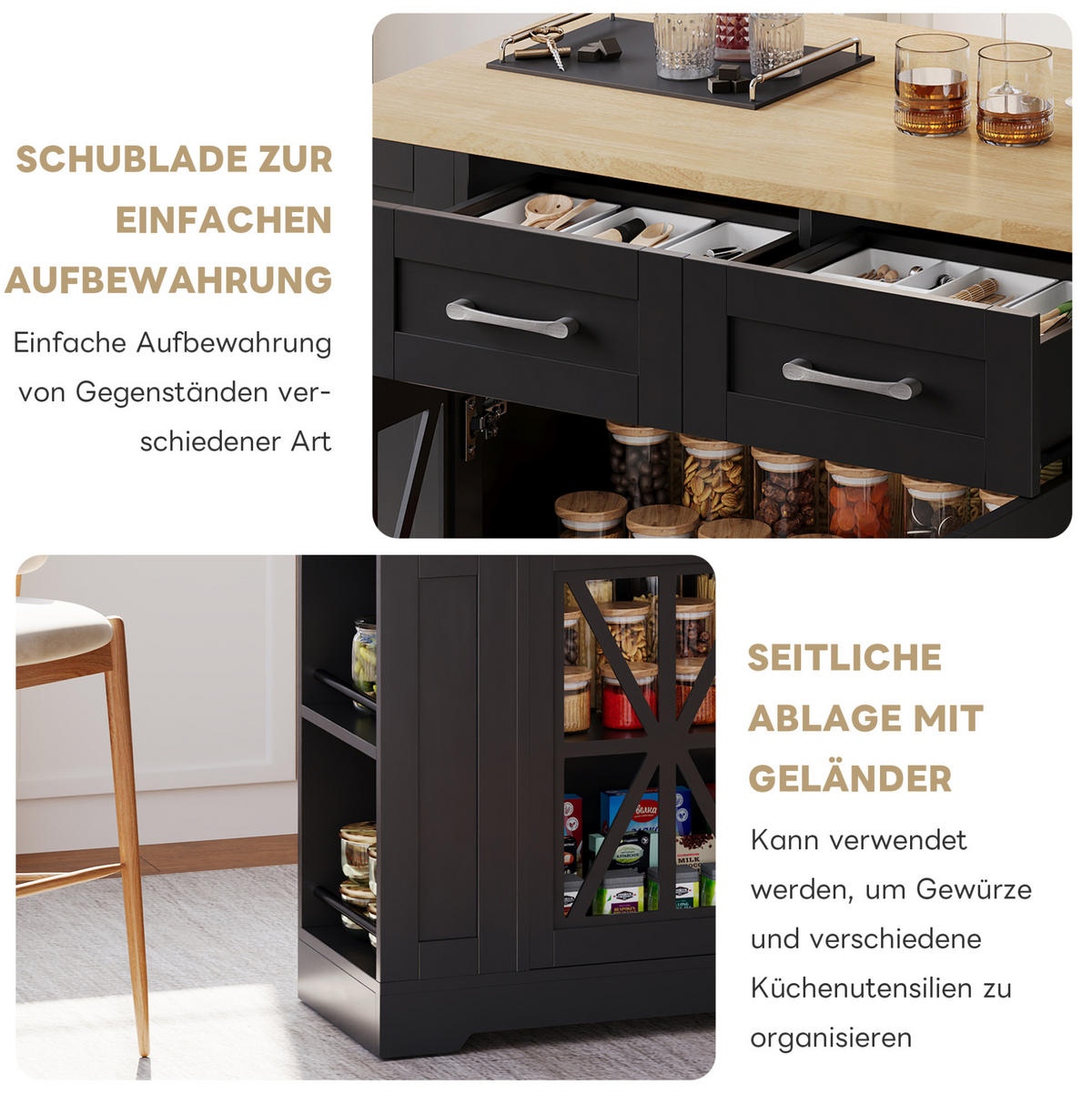 KÜCHENINSEL 120/40(65)/92 cm in Schwarz/Natur mit Klapptisch und Stromanschlüssen - Schwarz, Holzwerkstoff (120/92/65cm) - Flora Grace