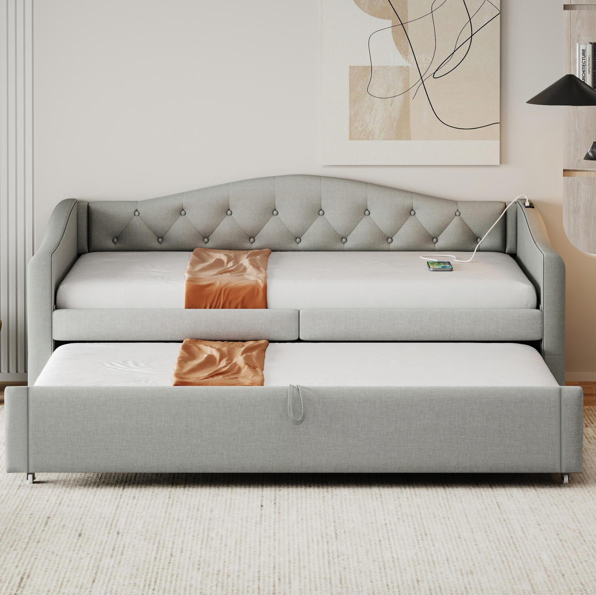 POLSTERBETT 90/200 cm Grau mit USB-Anschluss und Leinenbezug - Grau, Textil (90/200cm) - Flora Grace