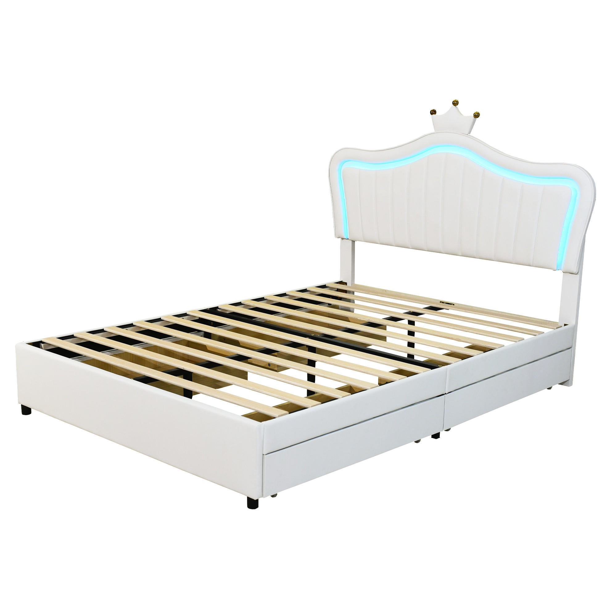 POLSTERBETT 140/200 cm Weiß aus PU-Leder mit Stauraumschubladen und LED - Weiß, Textil (140/200cm) - OKMYHOME