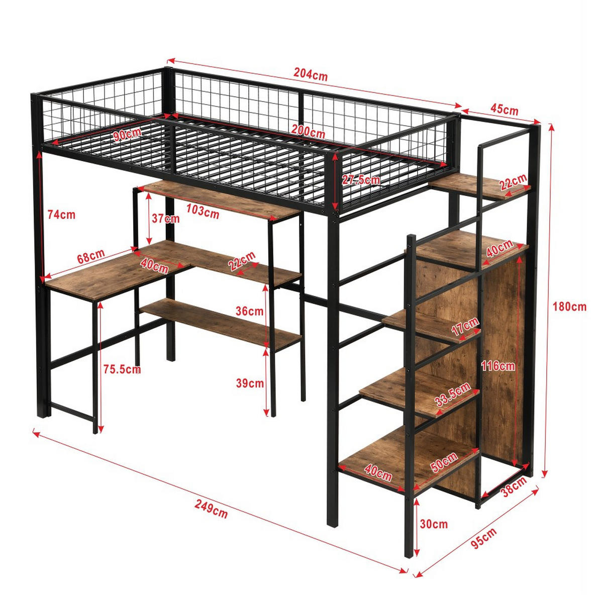 HOCHBETT 90x200cm mit Einbauschrank in schwarz - Schwarz, Metall (90/200cm) - KOMHTOM