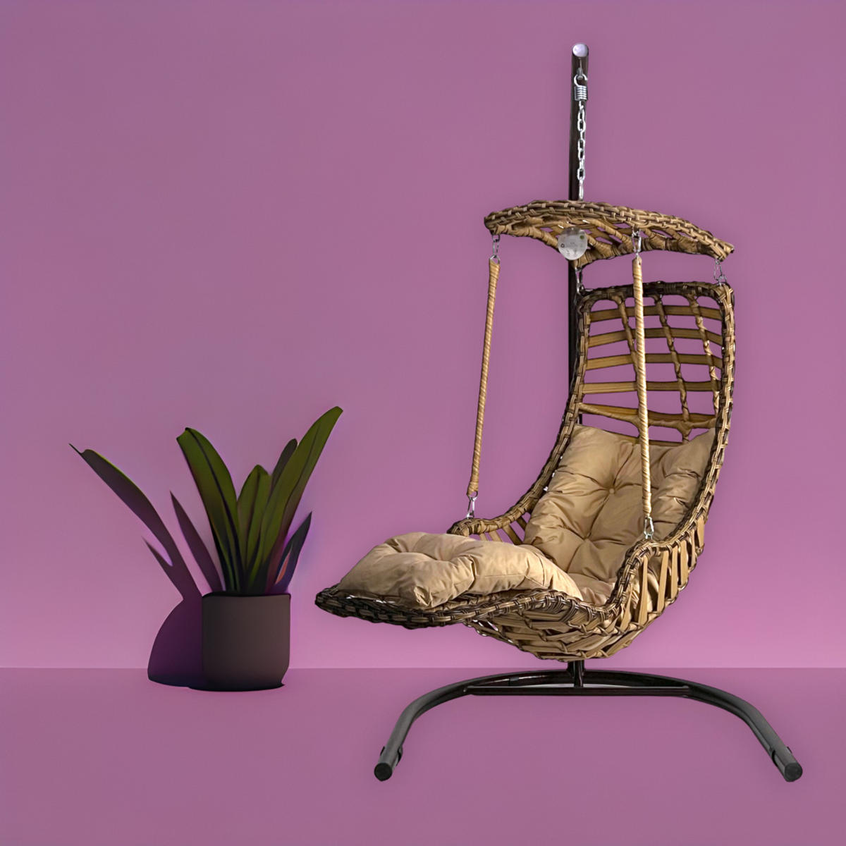 HÄNGESESSEL Gartenschaukel Rattan mit Gestell Hängeschaukel Alaca Hellbraun - Hellbraun, Metall (120/212/106cm) - Gowoll