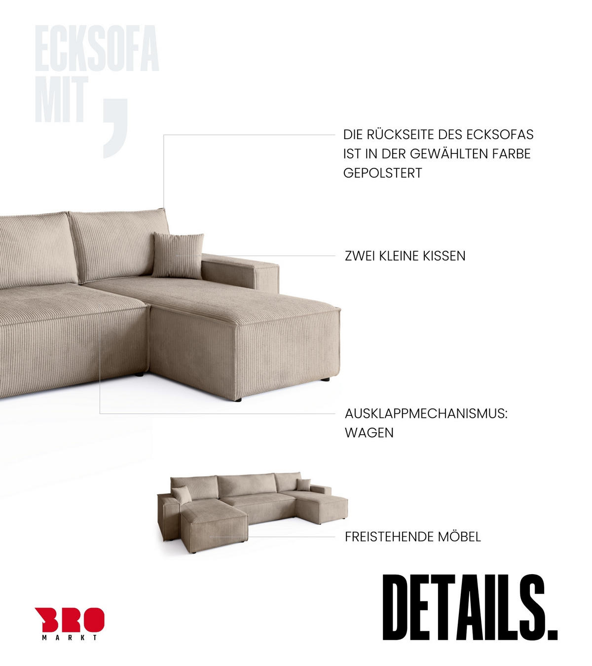WOHNLANDSCHAFT ADI U mit Schlaffunktion Cordstoff Beige - Beige, Textil (312/85/143cm) - Bromarkt