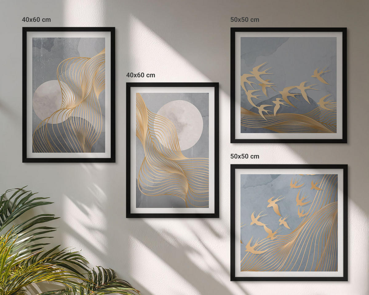 WANDBILDER 4er-Set - 50x50 cm & 40x60 cm Schwarzer Rahmen - Abstrakte Wellenkreise, grau - Schwarz, Kunststoff (50/50cm) - ArtPrintCave