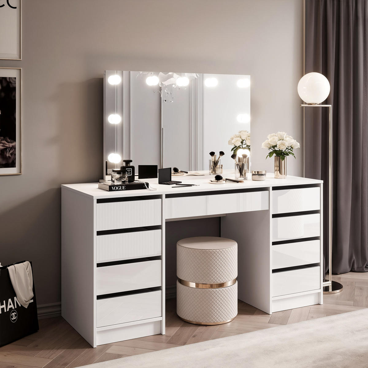 SCHMINKTISCH BELLA DOPPIO 150/55/145 cm, mit LED-Spiegel, Weiß - Weiß, Holzwerkstoff (150/145/55cm) - Idohome