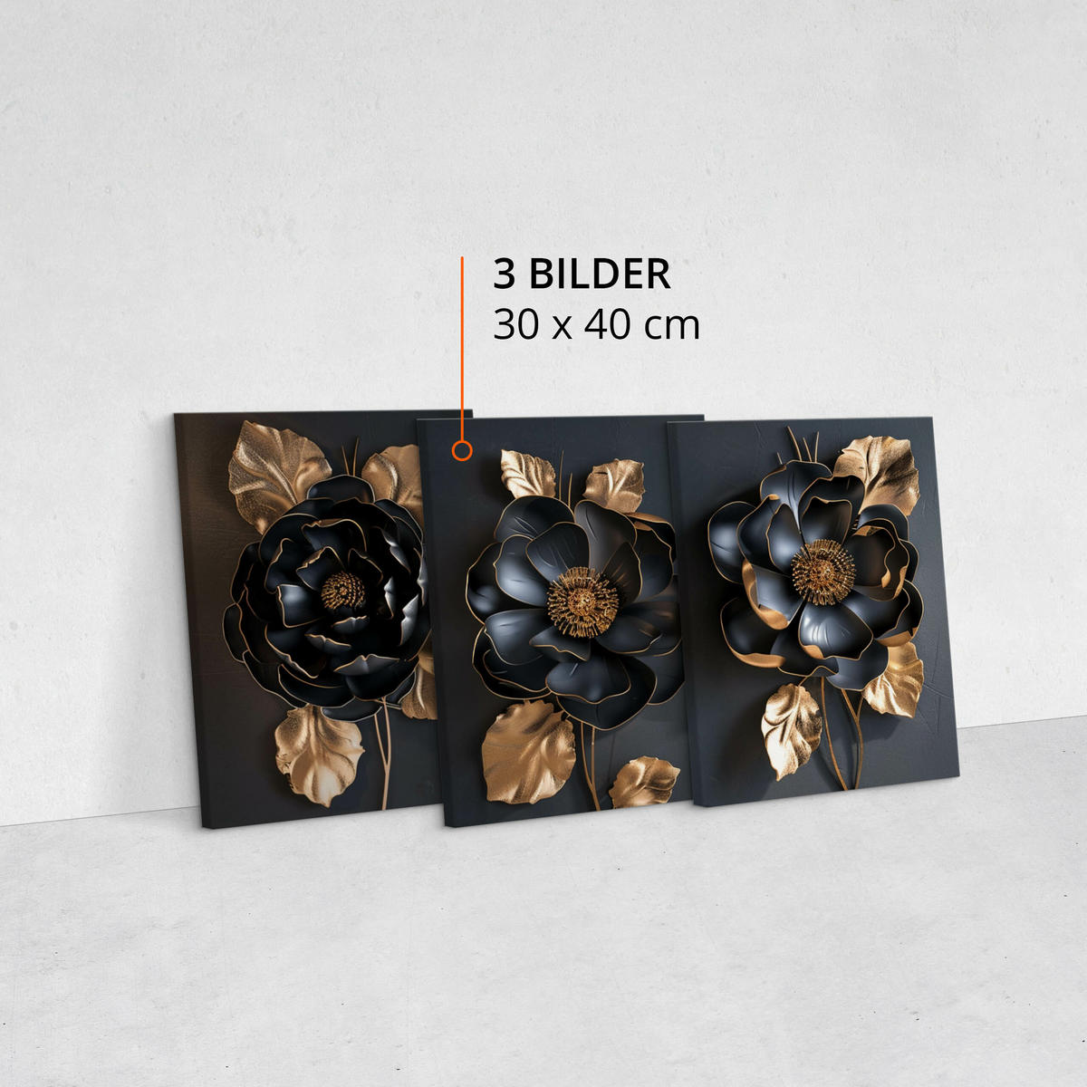 LEINWANDBILDER 3-es Set Blumen 3D Effekt - Beige/Schwarz, Textil (90/40cm) - Muralo