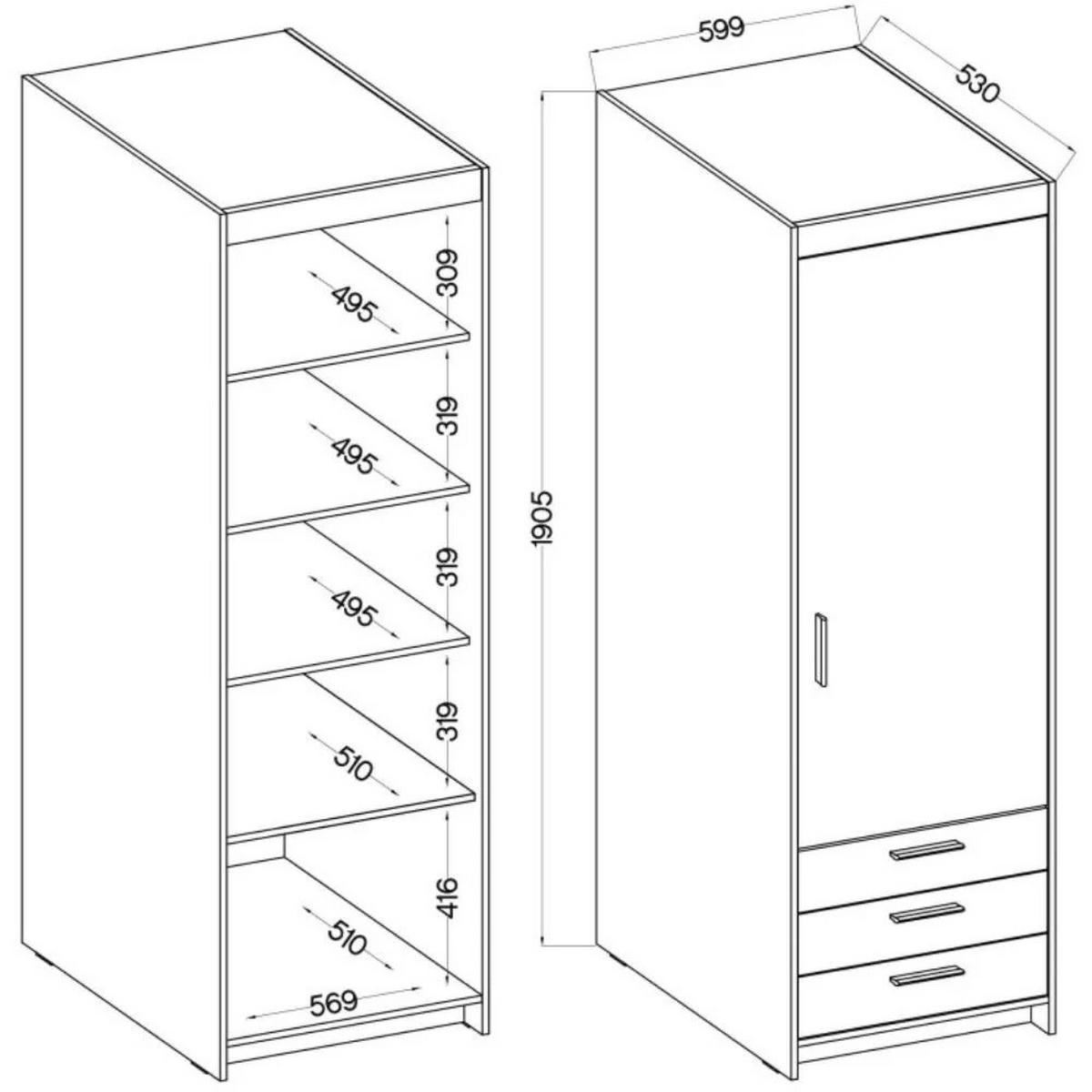 DREHTÜRENSCHRANK Elena mit 1 Tür und 3 Schubladen, Eiche Lefkas - Eichefarben, Holzwerkstoff (60/190/53cm) - Beautysofa