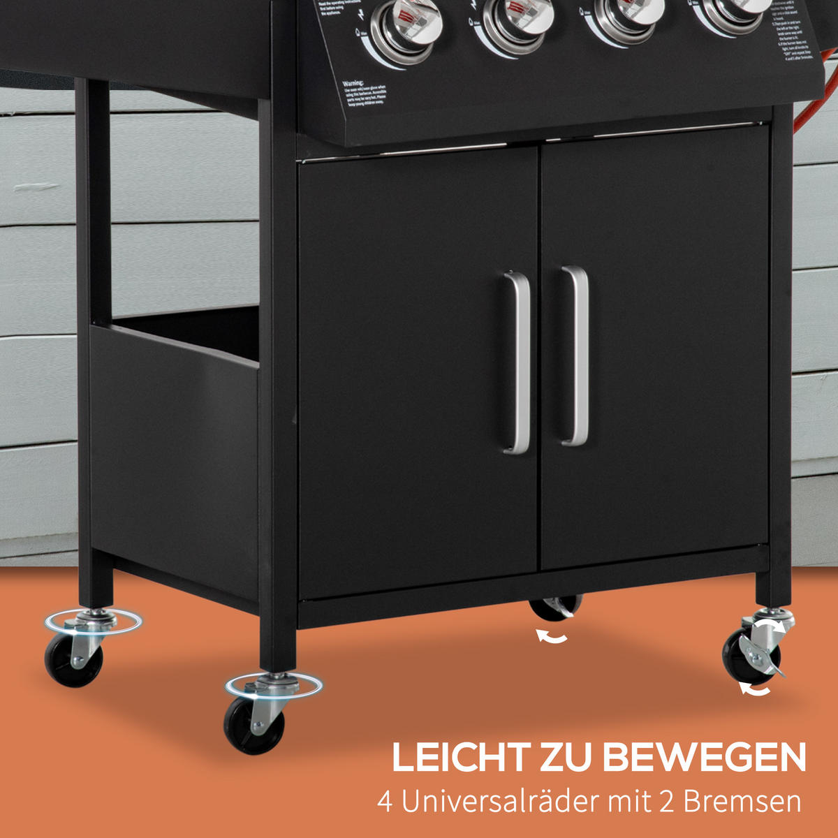 GASGRILL BBQ mit 3 Brennern je 3 kw mobiler Grillwagen mit 4 Rädern Metall Schwarz 132,4cm x 55cm x 109cm - Schwarz, Metall (55/109/132.4cm) - Outsunny