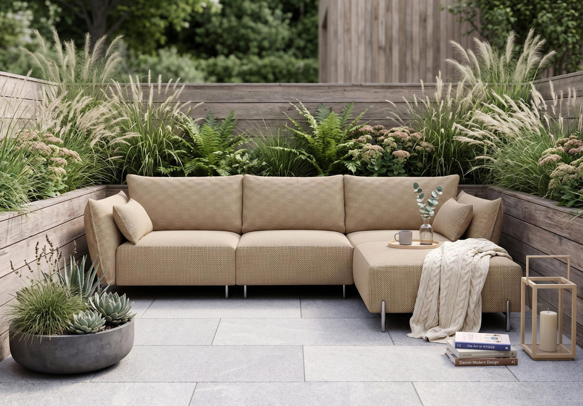 GARTENECKSOFA für Terrasse und Garten, Stoff Sunlight, Toffee, Rechts, SUNMEE - Braun, Holz (238/90/165cm) - Kaiser Möbel