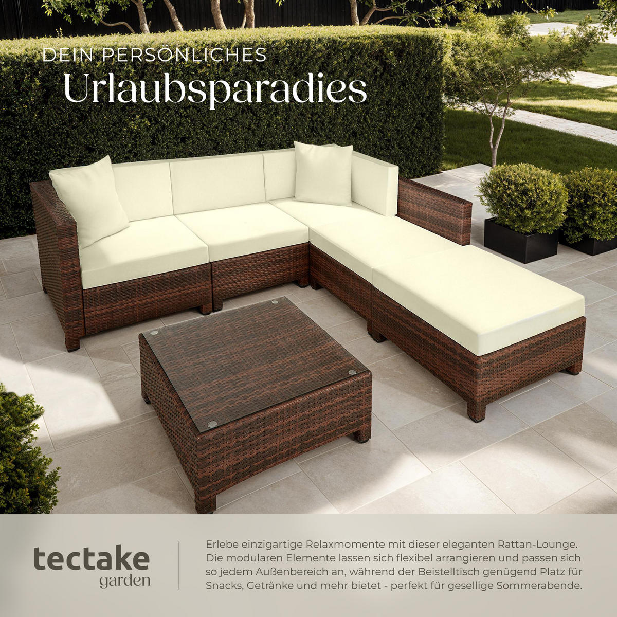 RATTANLOUNGE ,mit Sicherheitsglasplatte,schwarz/braun - Schwarz/Braun, Kunststoff - tectake