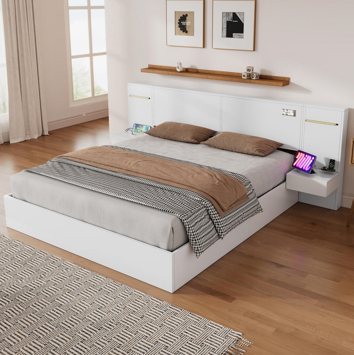 MANŽELSKÁ posteľ 180/200 cm biela z MDF s Bluetooth reproduktormi, USB a svetelným pásom - biela, kompozitné drevo (180/200cm) - OKWISH