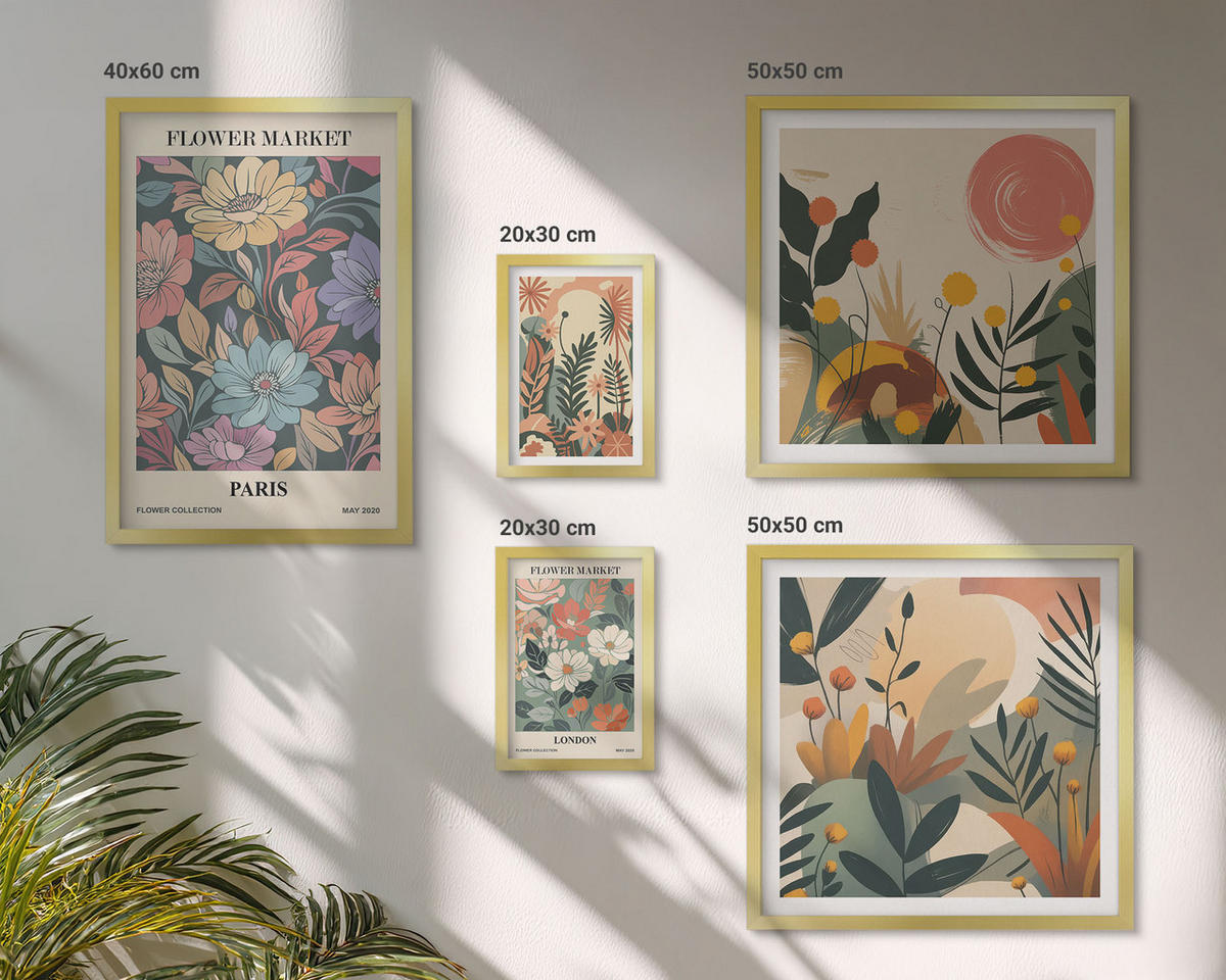 BILDER SET 5er Set - 50x50 cm & 20x30 cm & 40x60 cm Goldrahmen - Blumenposter Weinstadt - Goldfarben, Kunststoff (40/60cm) - TULUP