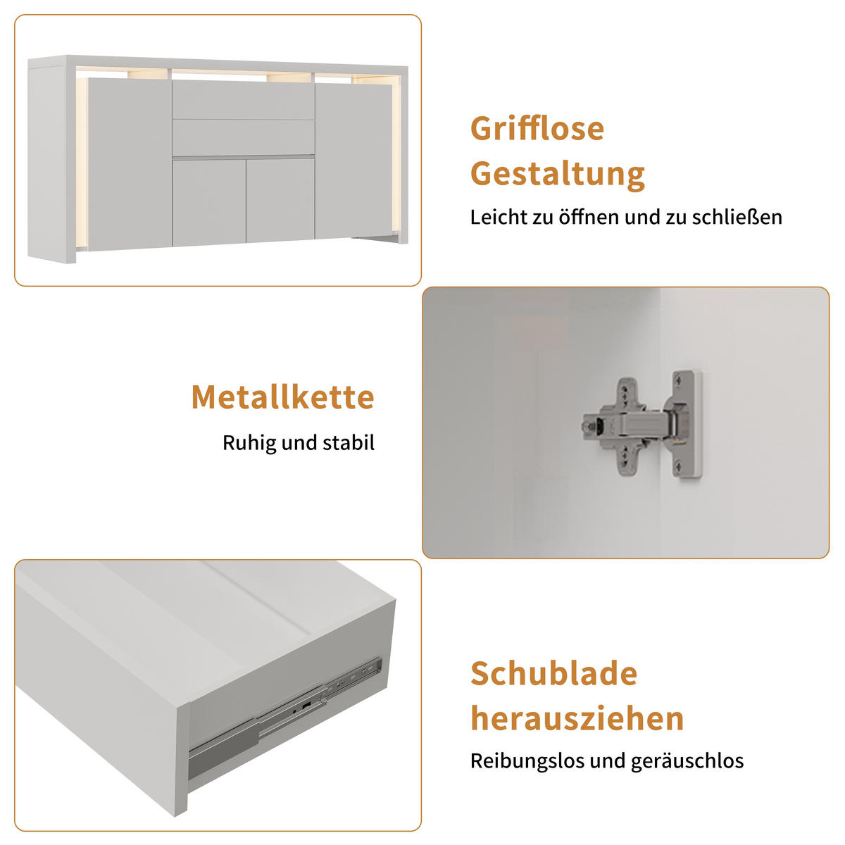 SIDEBOARD 160 cm Hochglanz mit LED, 4 Türen und 2 Schubladen, Küchenschrank mit Stauraum, Weiß - Weiß, Holzwerkstoff (160/35/75cm) - Waldena