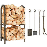 KAMINHOLZREGAL DE-10081 2 Ebenen mit 4 Kaminwerkzeugen und Haken - Braun, Metall (30/74/43cm) - ComfortXL