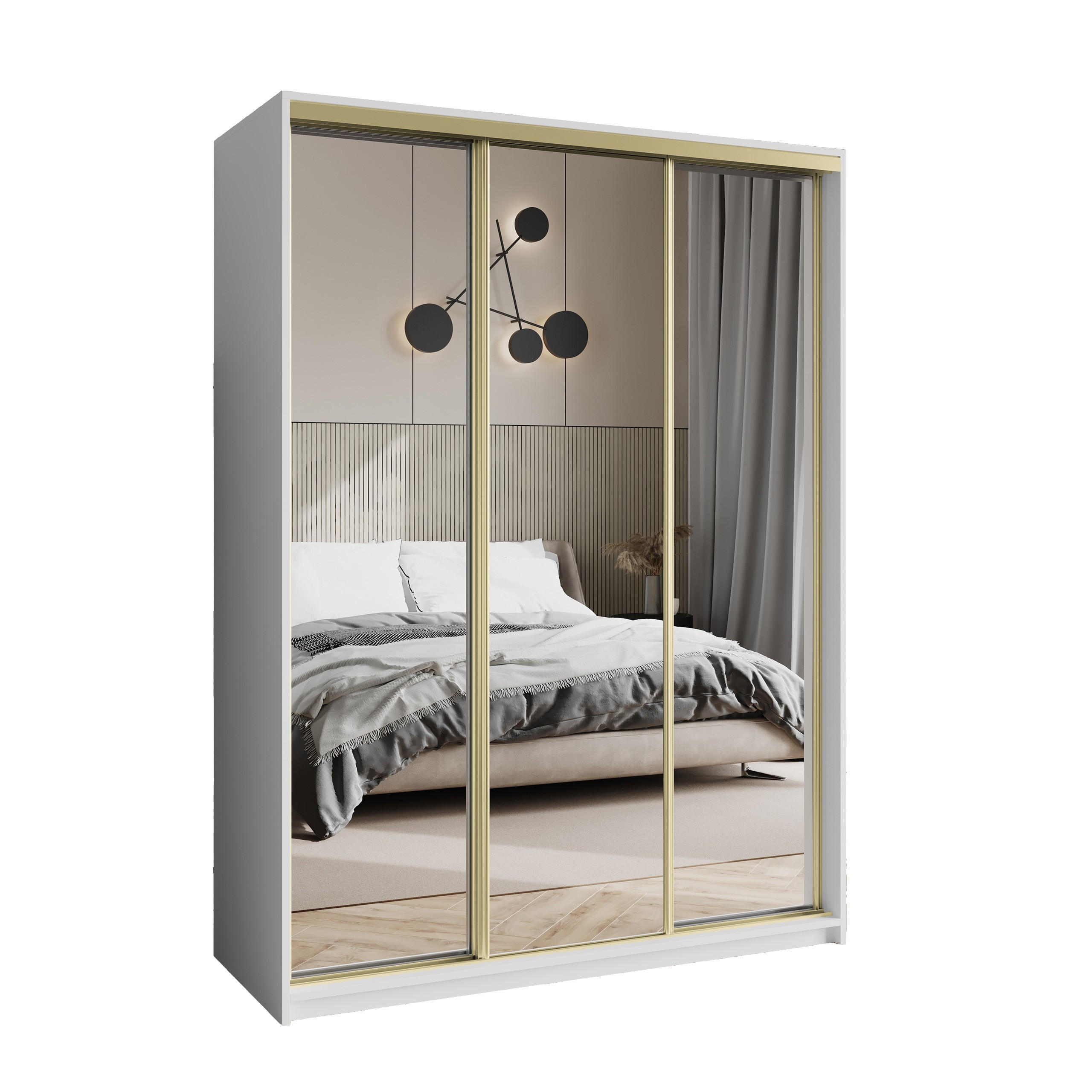 SCHWEBETÜRENSCHRANK RIEN 150/205/60 cm 3-türig mit Spiegel Weiß - Weiß, Holzwerkstoff (150/205/60cm) - MASSENO