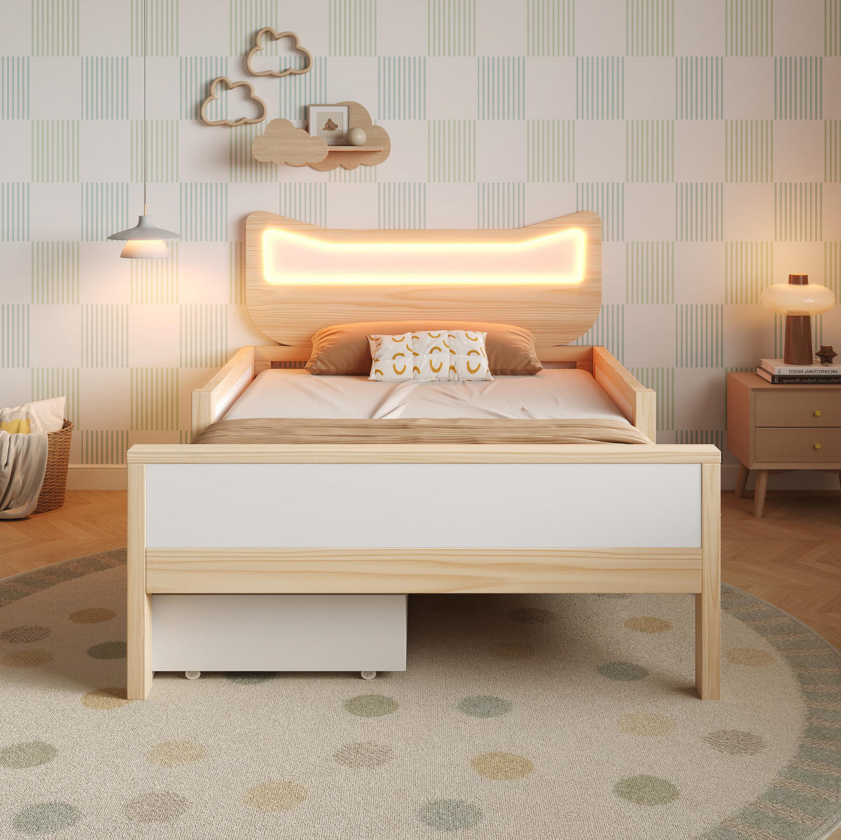 KINDERBETT 90/190 cm aus Holz mit Katzenkopfteil und RGB-LED Weiß/Eiche - Eichefarben, Holz (90/190cm) - Modenvie