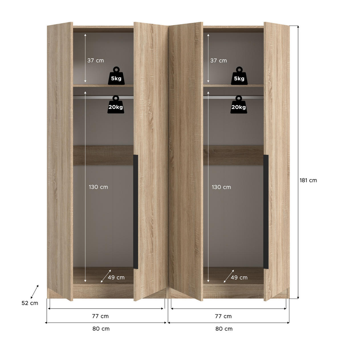KLEIDERSCHRANK Eiche Sonoma 4-türig 160 x 181 cm, Drehtürenschrank mit zusätzlichen Einlegeböden - Eichefarben/Schwarz, Holzwerkstoff/Kunststoff (160/181/52cm) - Inn.Furn