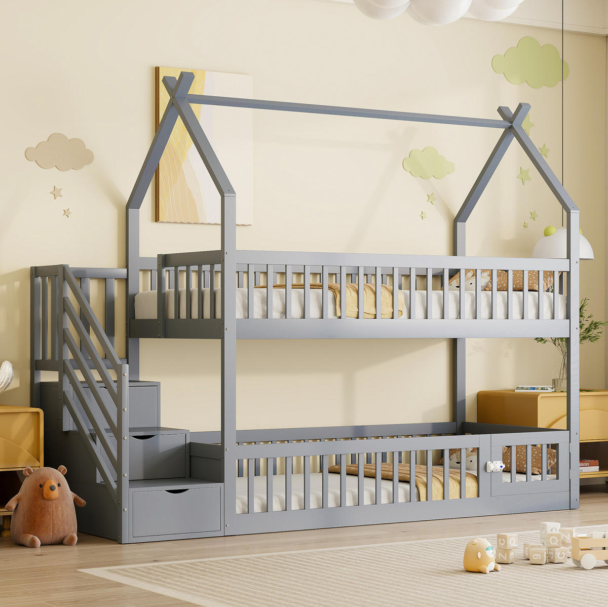 ETAGENBETT 90/200 cm mit Dach, Sicherheitstreppe und Schubladen, Grau - Grau, Holzwerkstoff (90/200cm) - Redom
