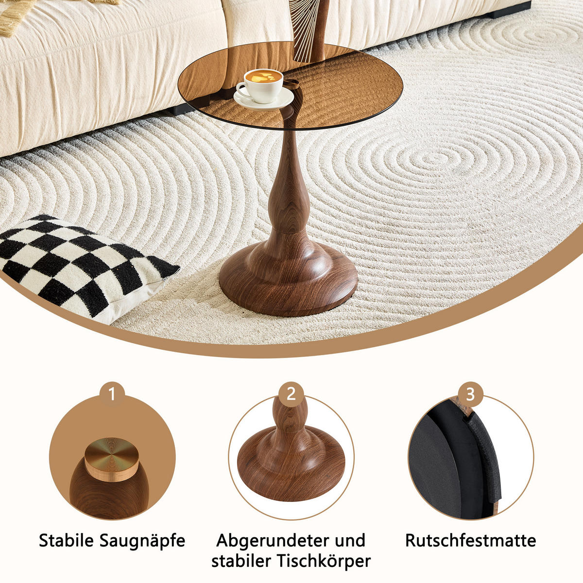 BEISTELLTISCH Rund Glas Modern Sofatisch Metallgestell Braun & Schwarz - Braun, Glas (50/50/51.5cm) - Urban Meuble