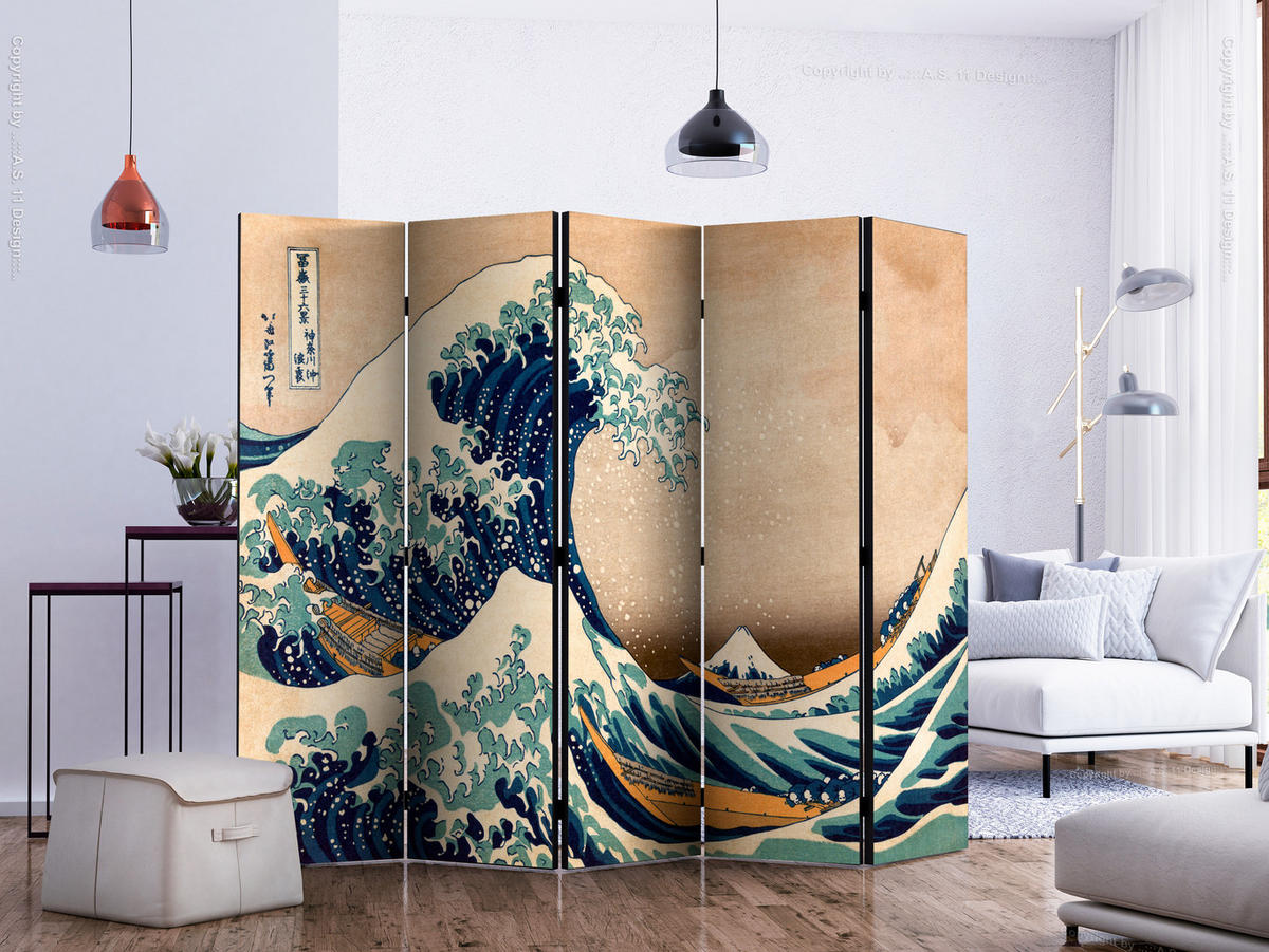 PARAVÁN Jednostranný 5-Dielny 225x172 cm Morské Vlny - viacfarebná, drevo/textil (225/172/3cm) - Muralo