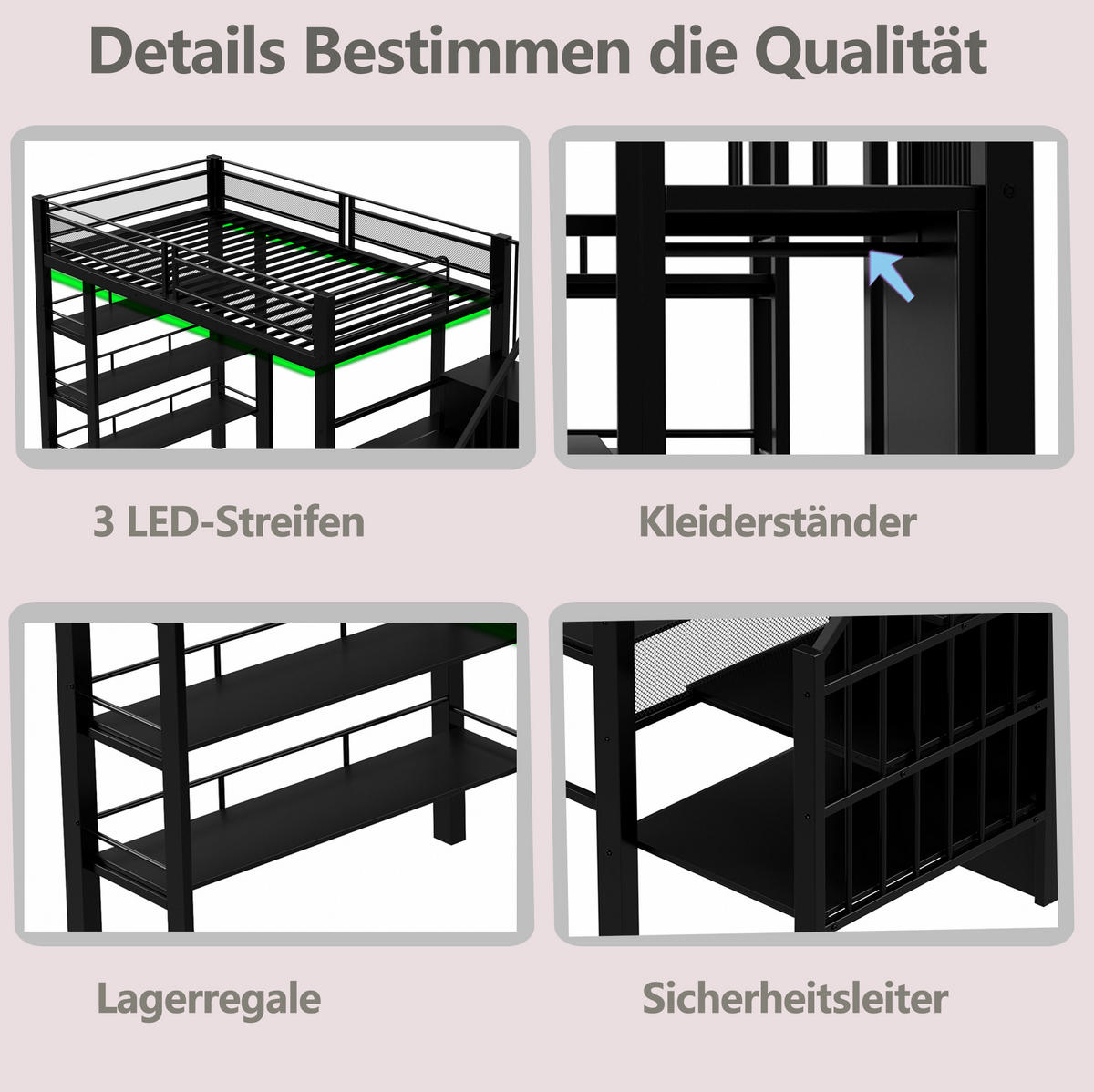 HOCHBETT 90/200 cm aus Metall mit Schreibtisch, Regal und LED-Beleuchtung Schwarz - Schwarz, Metall (90/200cm) - Modenvie
