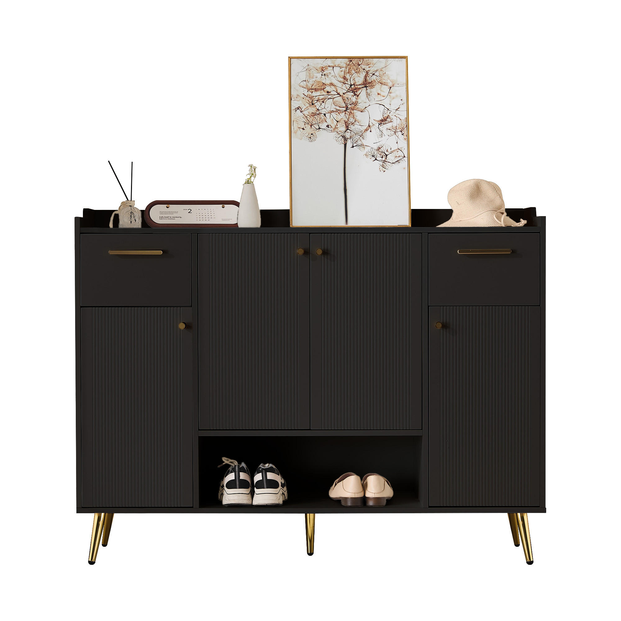 SCHUHSCHRANK in Schwarz Schuhregal mit 2 Schubladen und 4 Türen für Flur, B130/T37/H100cm - Goldfarben/Schwarz, Holzwerkstoff/Metall (130/100/37cm) - STILVORA