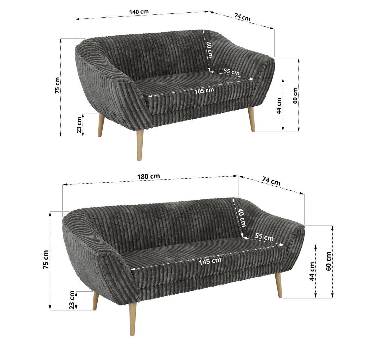 SEDACÍ SOUPRAVA 3+2 PIRS - Šedá Manšestr - Dřevěné nohy - šedá/barva buku, kompozitní dřevo/textil (180/75/74cm) - MKS