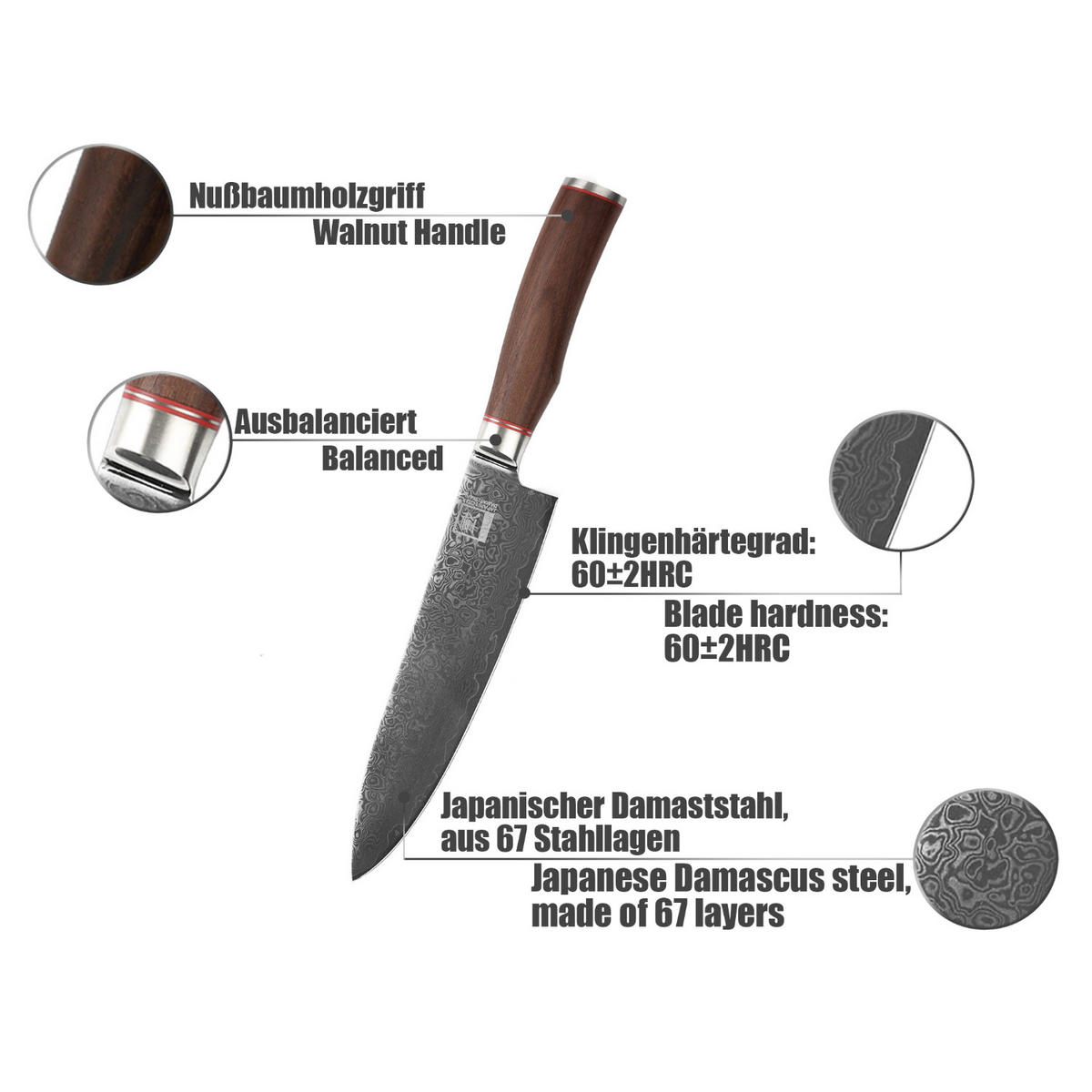 CHEFMESSER Damastmesser Kurumi - Braun, Metall (32cm) - Zayiko