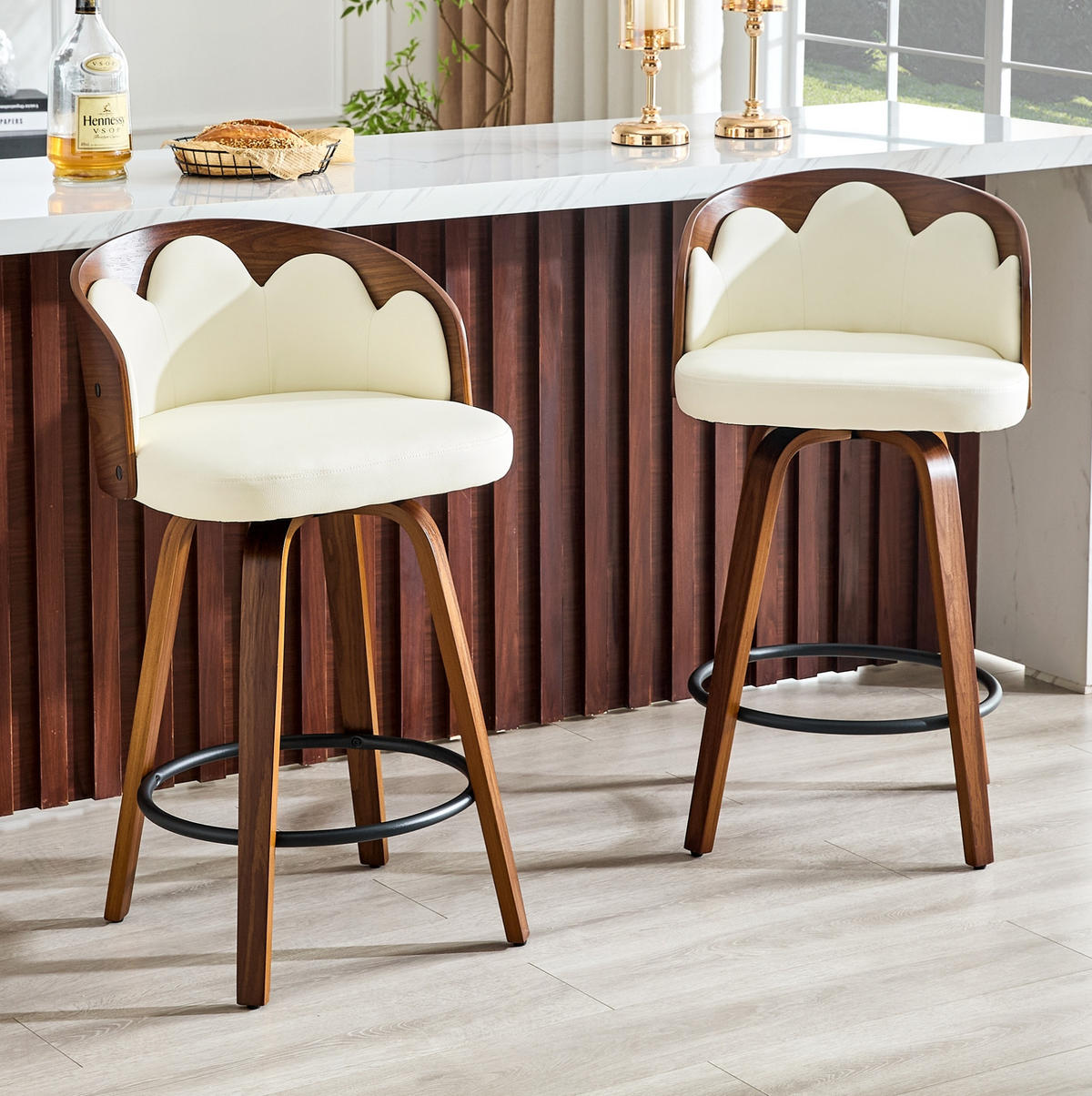 BARHOCKER 2er-Set mit Blüten-Rückenlehne, Bugholz, PU-Leder, Weiß - Weiß, Holz (41.5/89/46.5cm) - Meubliv