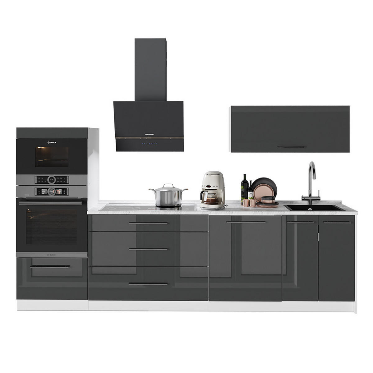 KUCHYNKA Fame-Line, Antracit vysoký lesk/biely, 280 cm, AP Marble - biela/čierna s vysokým leskom, kompozitné drevo (280/153.6/60cm) - Vicco