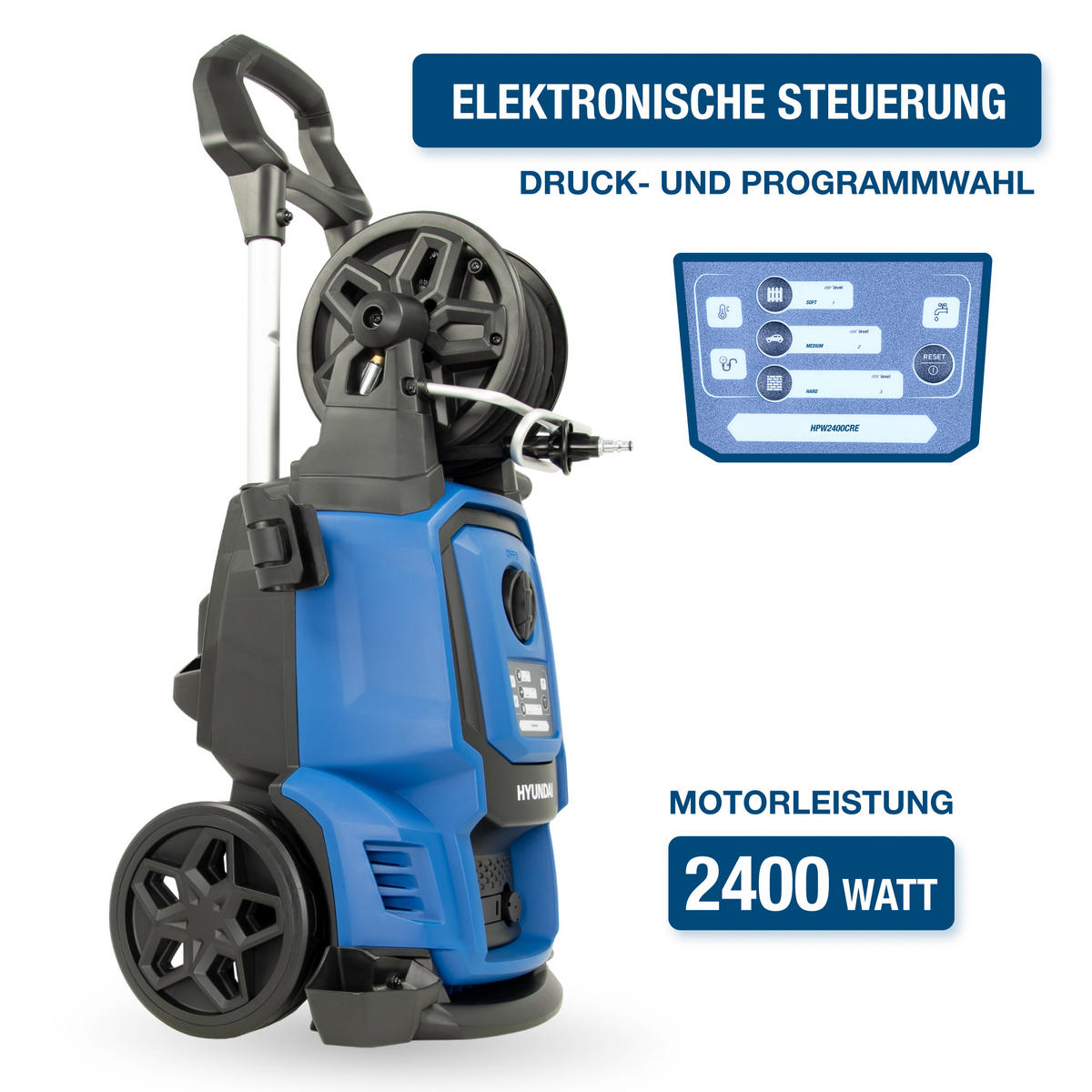 ELEKTRO-HOCHDRUCKREINIGER HPW2400CRE (2400W, 195bar, 450 l/h, Schlauchtrommel, Blau) - Blau, Kunststoff (33/91/36cm) - HYUNDAI