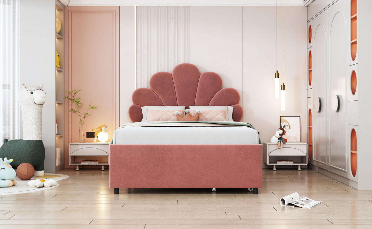 KINDERBETT 90x200 cm Samt rosa - Rosa, Textil (90/200cm) - LEBENLANG