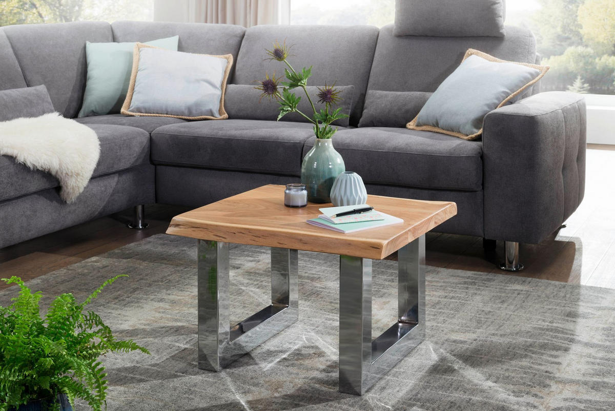 COUCHTISCH aus Massivholz in Braun, Landhaus-Stil mit Baumkanten und Metallbeinen, Maße 58x40x60 cm - Beige/Silberfarben, Holz/Metall (58/60/40cm) - KADIMA DESIGN