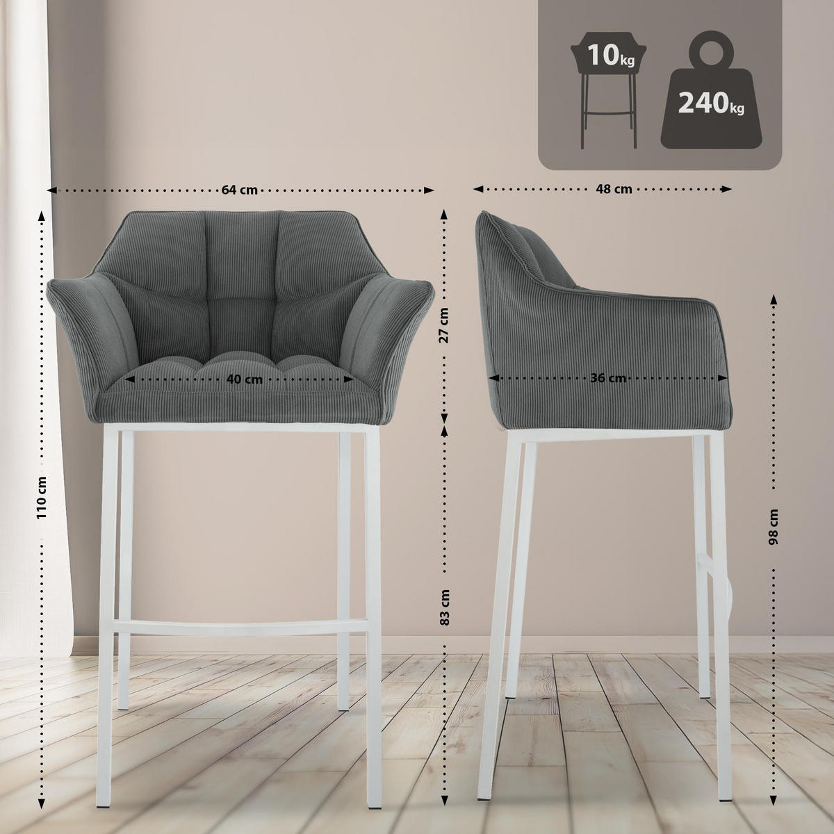 BARHOCKER Metall Grau - Weiß/Grau, Metall (64/110/48cm) - CLP