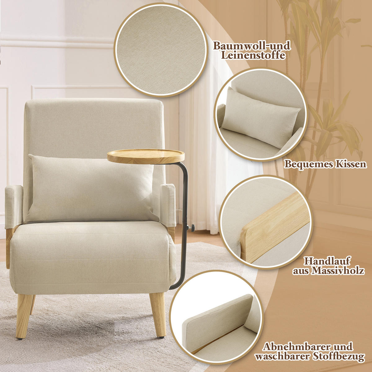 UMBAUSESSEL Leinen 3-in-1 mit 360 Grad Holztablett und verstellbarer Rückenlehne 88/74,5/66 cm Beige - Beige, Textil (88/74.5/66cm) - Redom