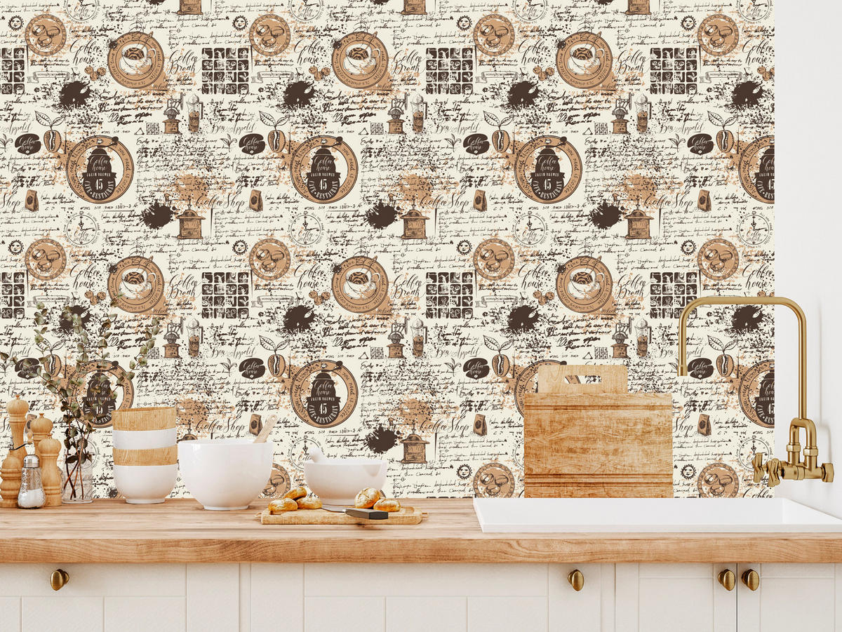 VLIESTAPETE Kaffee und Tassen im Retro-Stil – Braun, Beige – 50x1000 cm - Beige/Braun, Papier (50/1000cm) - Muralo
